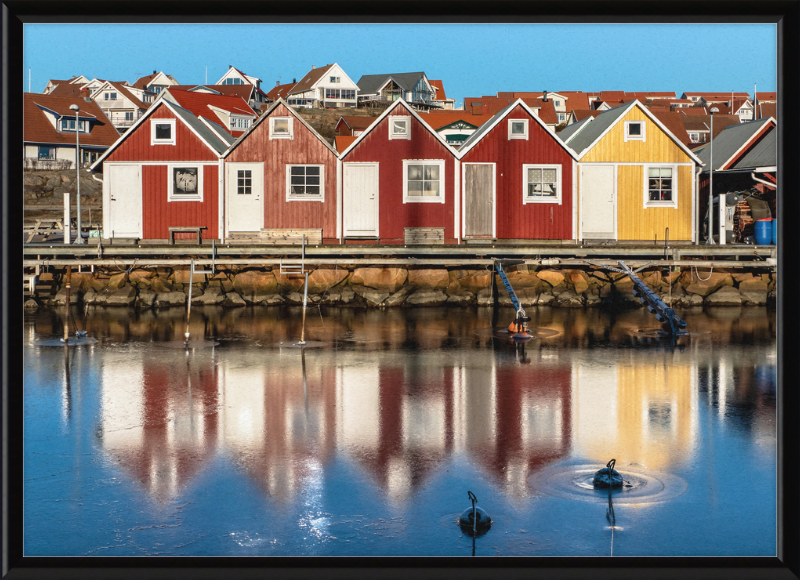 Fishing Huts Reflected in the Ice at Fisketången, Kungshamn - Great Pictures Framed