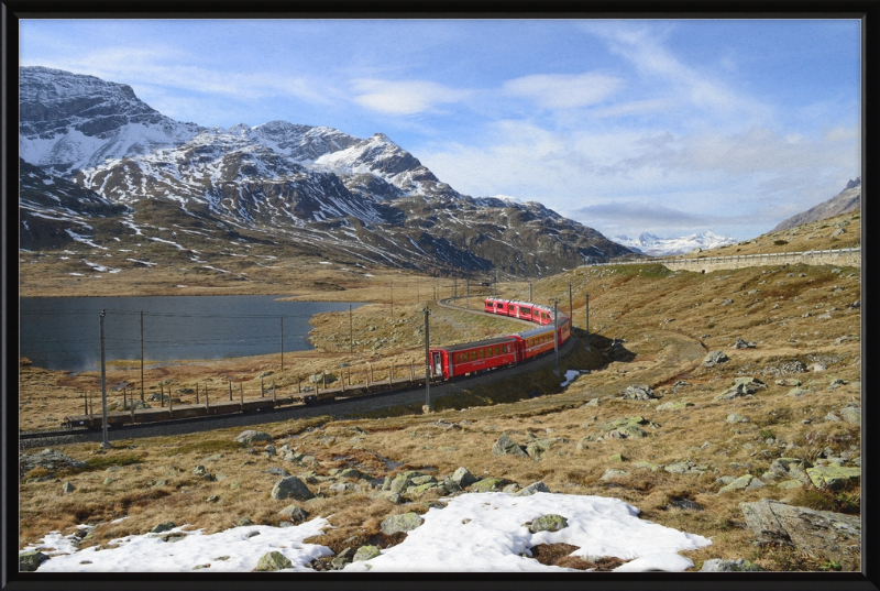 Regional train on the Bernina line at Lago Bianco - Great Pictures Framed