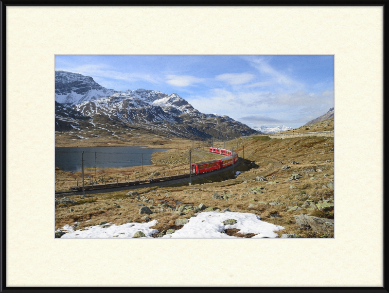 Regional train on the Bernina line at Lago Bianco - Great Pictures Framed