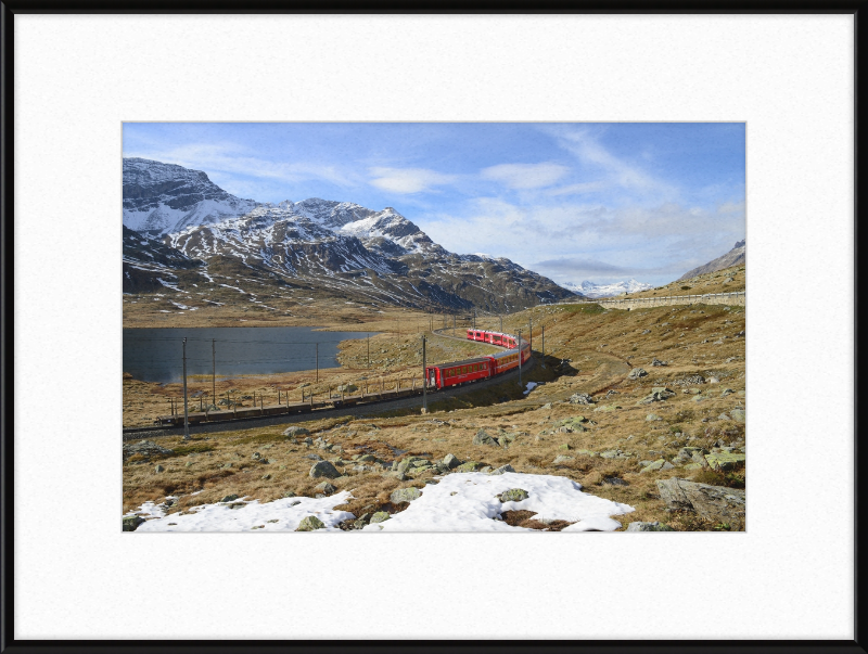 Regional train on the Bernina line at Lago Bianco - Great Pictures Framed