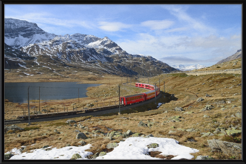 Regional train on the Bernina line at Lago Bianco - Great Pictures Framed