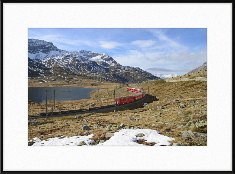 Regional train on the Bernina line at Lago Bianco - Great Pictures Framed