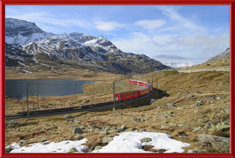 Regional train on the Bernina line at Lago Bianco - Great Pictures Framed