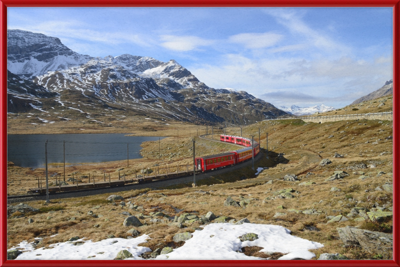 Regional train on the Bernina line at Lago Bianco - Great Pictures Framed