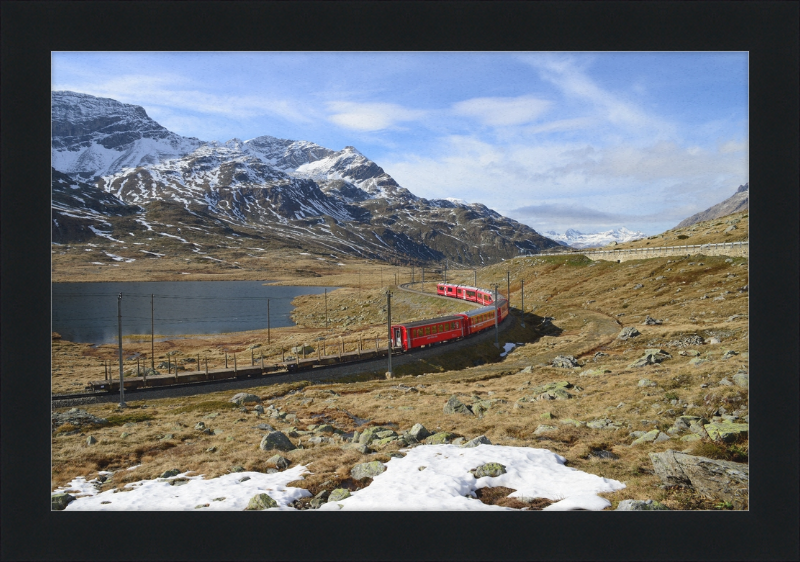 Regional train on the Bernina line at Lago Bianco - Great Pictures Framed