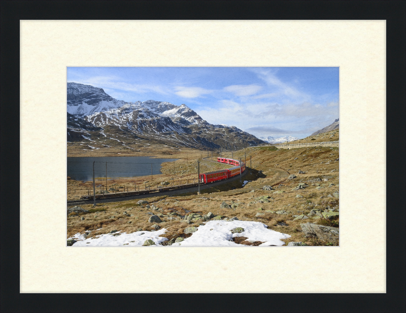 Regional train on the Bernina line at Lago Bianco - Great Pictures Framed