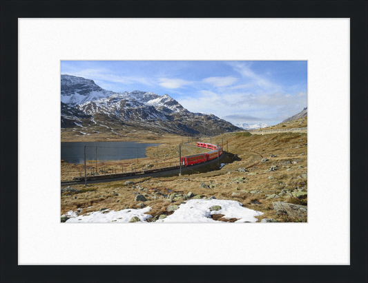Regional train on the Bernina line at Lago Bianco - Great Pictures Framed