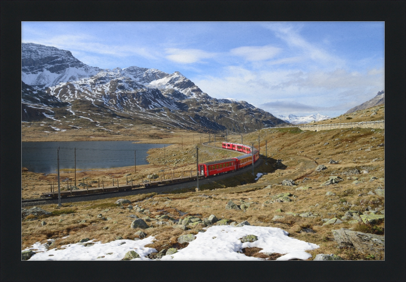 Regional train on the Bernina line at Lago Bianco - Great Pictures Framed