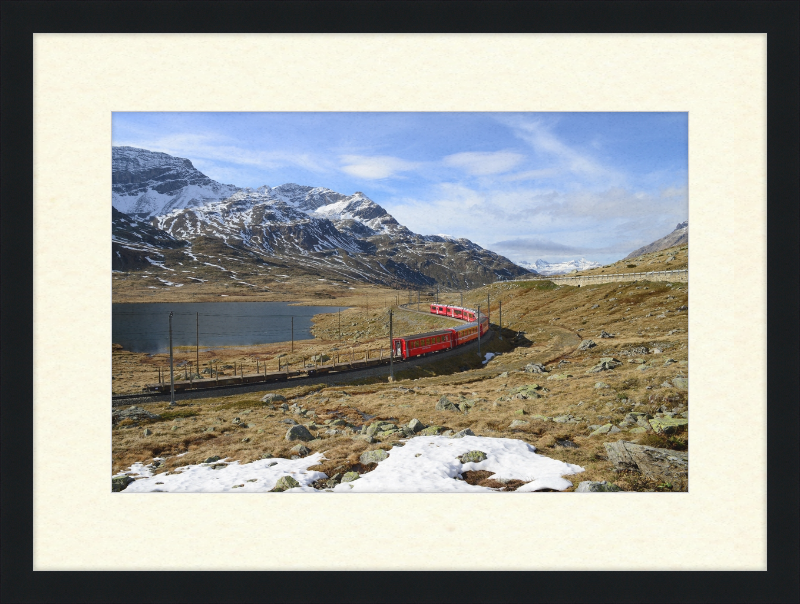 Regional train on the Bernina line at Lago Bianco - Great Pictures Framed
