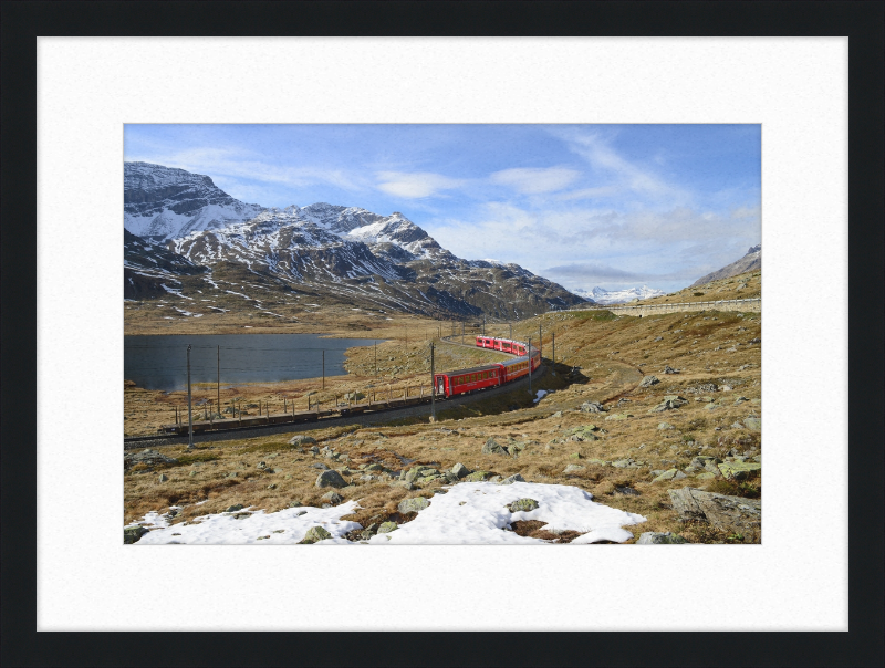 Regional train on the Bernina line at Lago Bianco - Great Pictures Framed