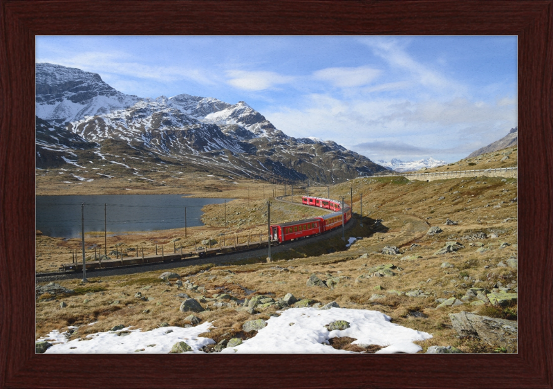 Regional train on the Bernina line at Lago Bianco - Great Pictures Framed