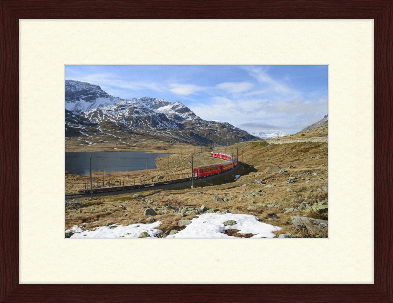 Regional train on the Bernina line at Lago Bianco - Great Pictures Framed