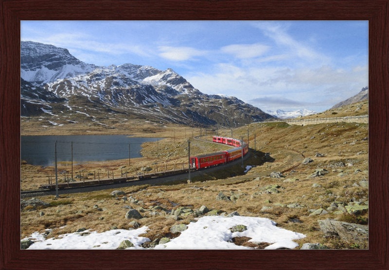 Regional train on the Bernina line at Lago Bianco - Great Pictures Framed