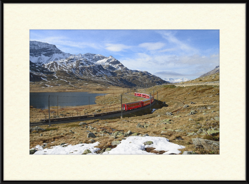 Regional train on the Bernina line at Lago Bianco - Great Pictures Framed