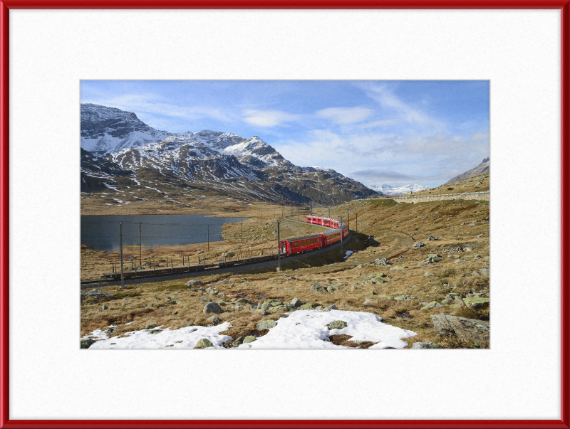 Regional train on the Bernina line at Lago Bianco - Great Pictures Framed